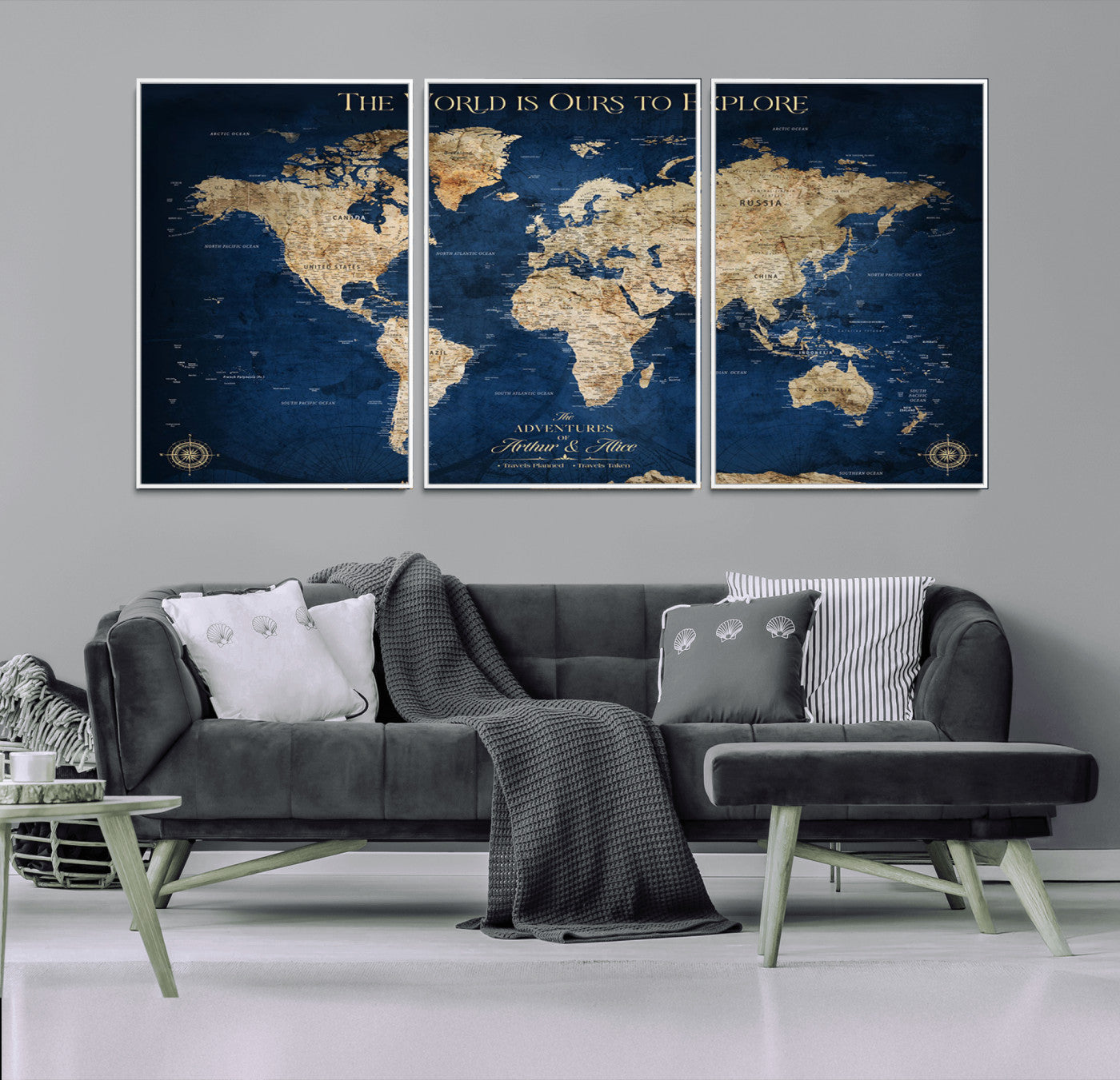 54782997-MGV-CV-36X24-The World is Ours to Explore Wall Art – Blue World Map Canvas Print, Adventure Travel Decor for Home, Office or Living Room,