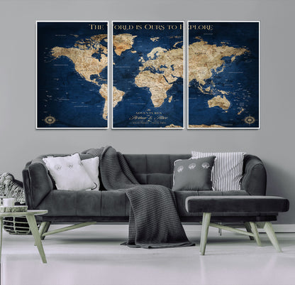 54782997-MGV-CV-36X24-The World is Ours to Explore Wall Art – Blue World Map Canvas Print, Adventure Travel Decor for Home, Office or Living Room,