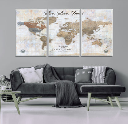 43924907-MGV-CV-36X24-Live Love Travel Wall Art – Neutral World Map Canvas Print, Rustic Adventure Decor for Home, Office or Living Room, Unique Gift