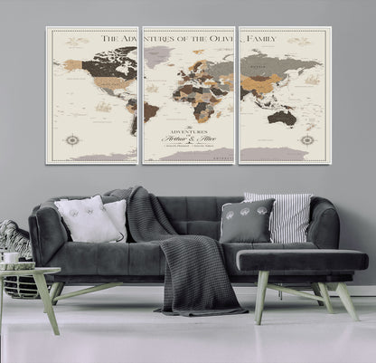 38723540-MGV-CV-36X24-Adventures of the Oliver Family Wall Art – Earth Tone World Map Canvas Print, Minimalist Travel Decor for Living Room, Bedroom or