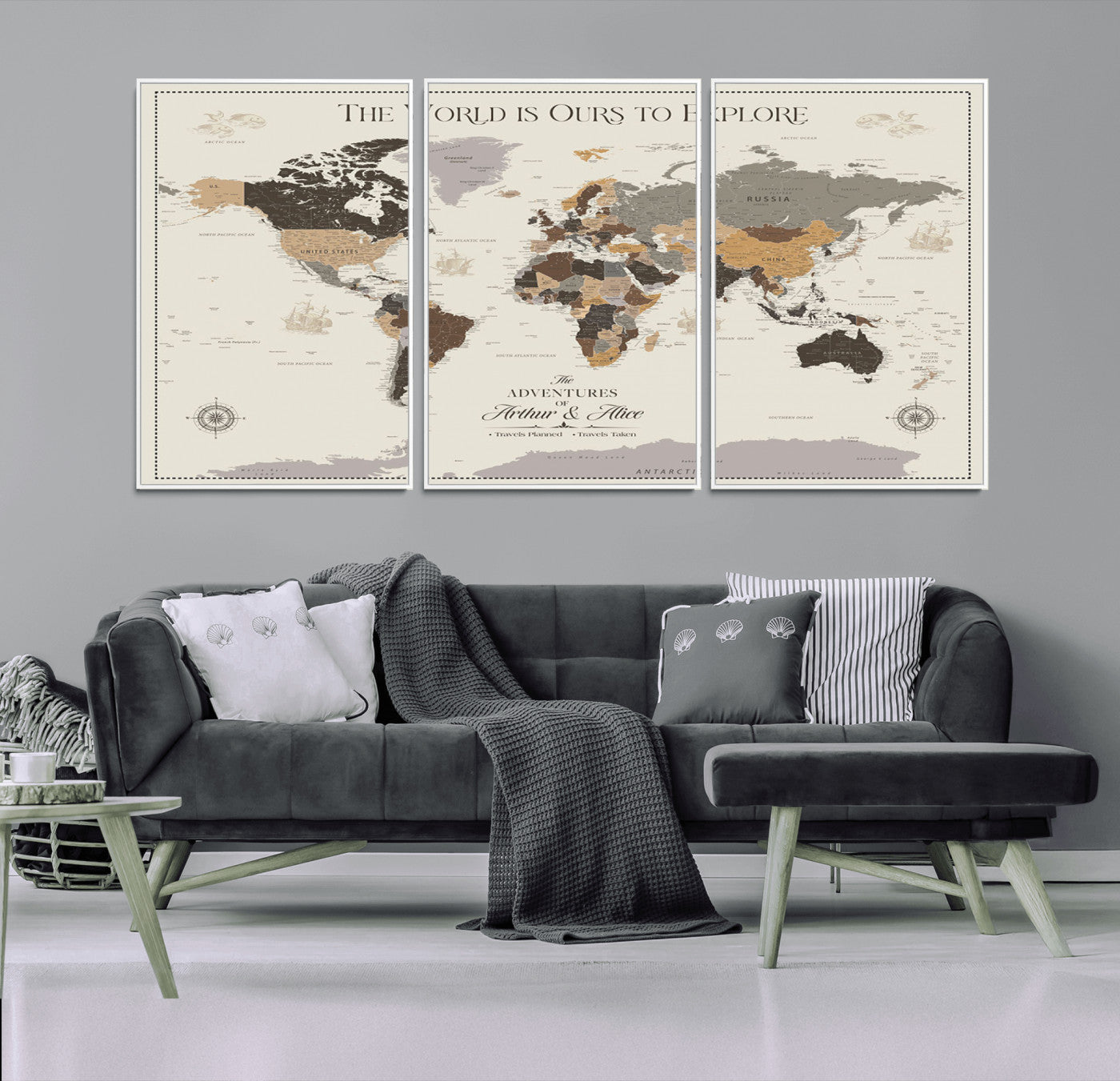 90024882-MGV-CV-36X24-The World is Ours to Explore Wall Art – Earth Tone World Map Canvas Print, Adventure Travel Decor for Living Room, Office or
