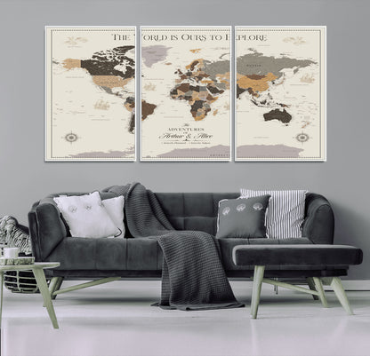 90024882-MGV-CV-36X24-The World is Ours to Explore Wall Art – Earth Tone World Map Canvas Print, Adventure Travel Decor for Living Room, Office or
