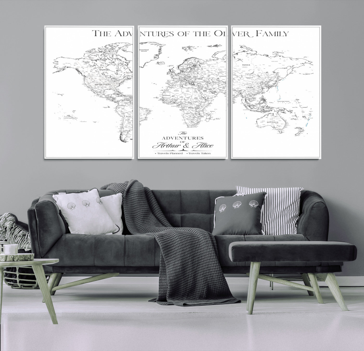 21029247-MGV-FC-60X30-3P_White-Minimalist World Map Wall Art – Black and White Travel Adventure Print, Modern Family Travel Map Decor for Living Room, Bedroom,