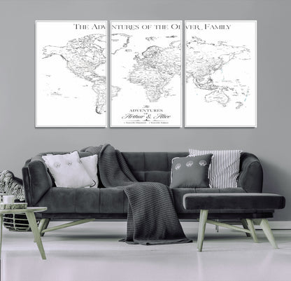 21029247-MGV-FC-60X30-3P_White-Minimalist World Map Wall Art – Black and White Travel Adventure Print, Modern Family Travel Map Decor for Living Room, Bedroom,