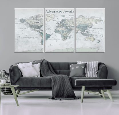 TEST111-MGV-CV-36X24-Personalized Adventure Awaits Push Pin World Map – Custom Framed Travel Tracker Canvas Wall Art for Home, Office
