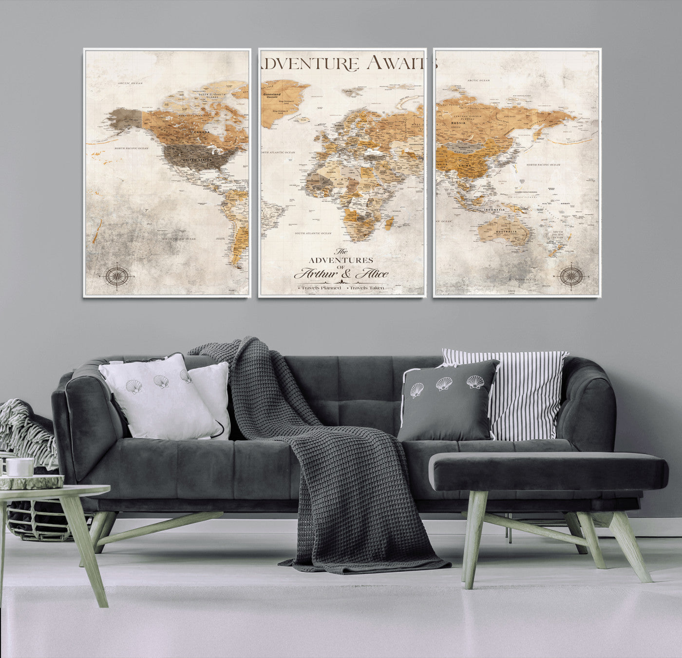 99422096-MGV-CV-36X24-Adventure Awaits World Map Wall Art – Neutral Beige Canvas Print, Modern Travel Inspired Wall Decor for Living Room, Bedroom or