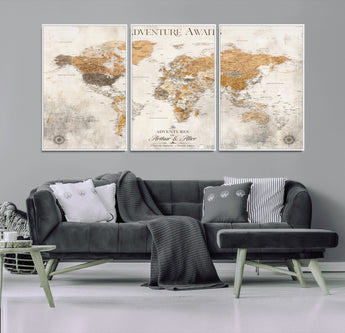 99422096-MGV-CV-36X24-Adventure Awaits World Map Wall Art – Neutral Beige Canvas Print, Modern Travel Inspired Wall Decor for Living Room, Bedroom or