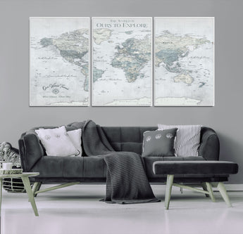 94249974-MGV-CV-36X24-Ours Explore World Map Wall Art – Modern Travel Canvas Print, Neutral Adventure Decor for Living Room, Office, Study, Bedroom,