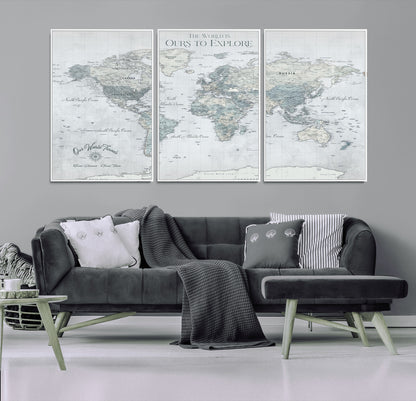 94249974-MGV-CV-36X24-Ours Explore World Map Wall Art – Modern Travel Canvas Print, Neutral Adventure Decor for Living Room, Office, Study, Bedroom,