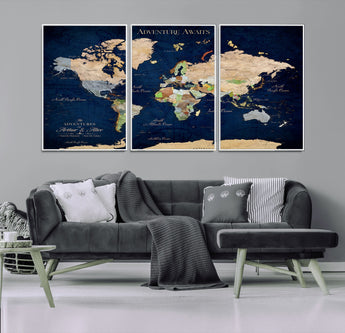43160428-MGV-CV-36X24-Adventure Awaits Navy Blue World Map – Vibrant Travel Canvas Wall Art, Antique Atlas Print, Wanderlust Decor for Home Office