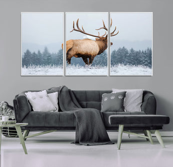 85177251-MGV-CV-36X24-Elk Wall Art – Majestic Wildlife Canvas Print of Bull Elk Snowy Forest, Rustic Nature Decor for Living Room, Cabin, or Office