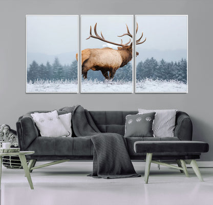 85177251-MGV-CV-36X24-Elk Wall Art – Majestic Wildlife Canvas Print of Bull Elk Snowy Forest, Rustic Nature Decor for Living Room, Cabin, or Office