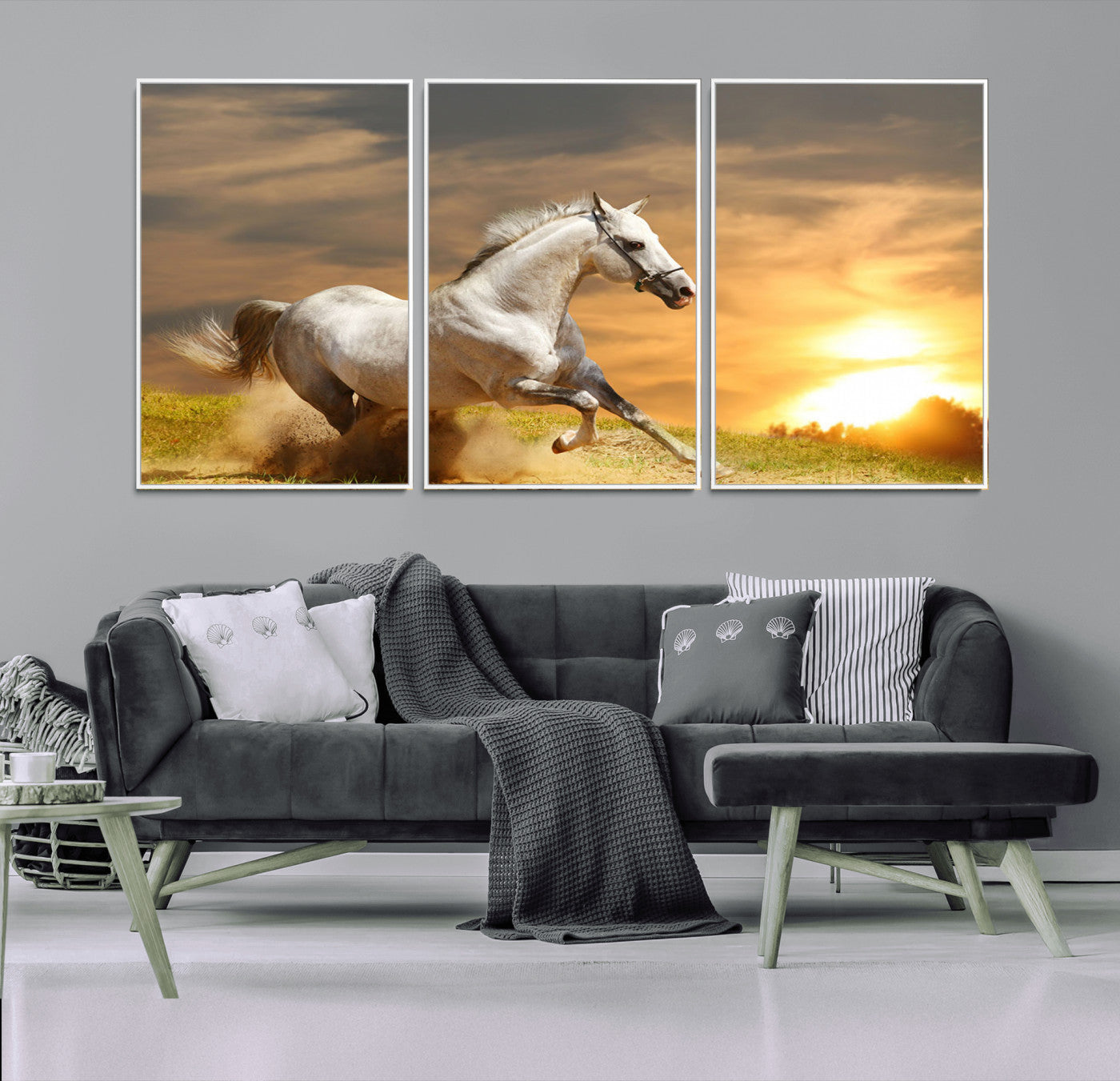 44295212-MGV-FC-60X30-3P_White-Horse Wall Art – Running White Stallion Canvas Print with Sunset Background, Western Wildlife Decor for Living Room, Office, or