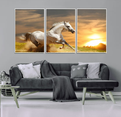 44295212-MGV-FC-60X30-3P_White-Horse Wall Art – Running White Stallion Canvas Print with Sunset Background, Western Wildlife Decor for Living Room, Office, or