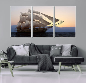 31270610-MGV-CV-36X24-Sailing Ship Wall Art – Sunset Seascape Canvas Print with Tall Ship at Sea, Nautical Ocean Decor for Living Room, Office, or