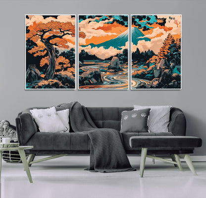 21638941-MGV-CV-36X24-Japanese Landscape Wall Art – Mount Fuji and Flowing River Ukiyo-e Style Canvas Print, Traditional Japan Inspired Artwork for