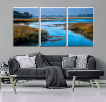 26300004-MGV-CV-36X24-Marshland Landscape Wall Art – Scenic Nature Canvas Print with Golden Grass and Blue Water, Peaceful River Photography for Living