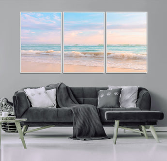 88024944-MGV-FC-60X30-3P_White-Serene Ocean Waves Canvas Wall Art – Pastel Sky, Soft Sand Beach, Tranquil Seascape, Calm Water Coastal Nature, Relaxing Peaceful