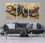 57944271-MGV-CV-36X24-Octopus Wall Art – Black and Gold Nautical Canvas Print, Modern Ocean Inspired Artwork with Elegant Detailing, Coastal Marine