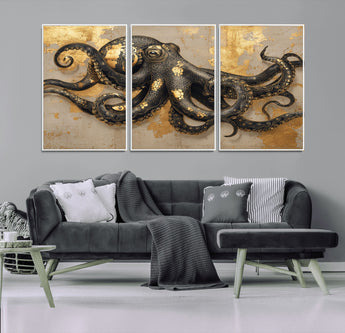 57944271-MGV-CV-36X24-Octopus Wall Art – Black and Gold Nautical Canvas Print, Modern Ocean Inspired Artwork with Elegant Detailing, Coastal Marine