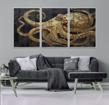 47056538-MGV-CV-36X24-Octopus Wall Art – Gold Nautical Canvas Print with Rustic Wood Texture, Marine Creature Artwork for Coastal Ocean Decoration in