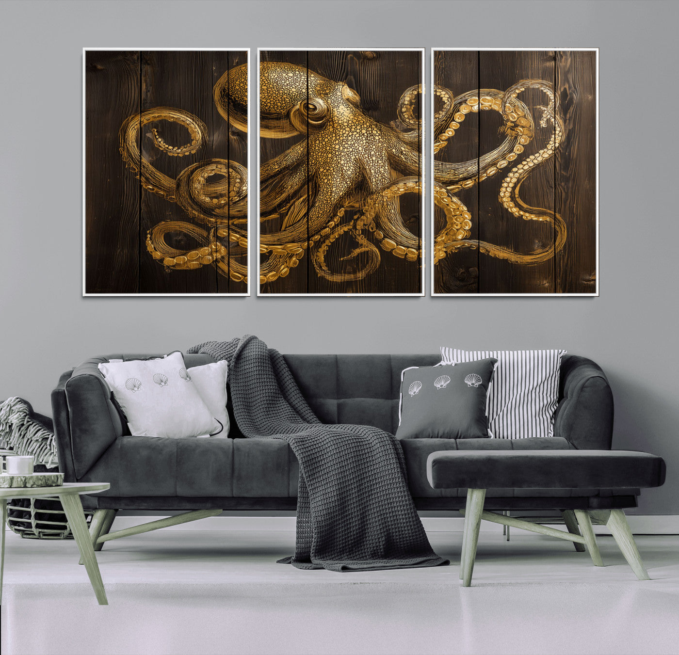 56769669-MGV-CV-36X24-Octopus Wall Art – Gold Nautical Canvas Print with Rustic Wood Panel Design, Detailed Marine Artwork for Coastal Ocean Decoration