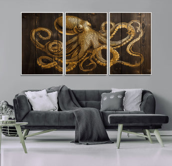 56769669-MGV-CV-36X24-Octopus Wall Art – Gold Nautical Canvas Print with Rustic Wood Panel Design, Detailed Marine Artwork for Coastal Ocean Decoration