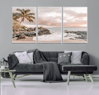 18005328-MGV-FC-60X30-3P_White-Tropical Beach Canvas Wall Art – Palm Tree, Rocky Shoreline, Ocean Waves, Sunset Clouds, Calm Sea, Island Nature Relaxation for