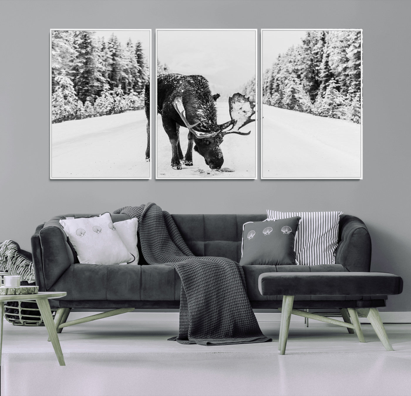 38956835-MGV-FC-60X30-3P_White-Moose Wall Art – Black and White Wildlife Canvas Print with Snowy Forest Road, Rustic Nature Photography for Cabin, Lodge, Living
