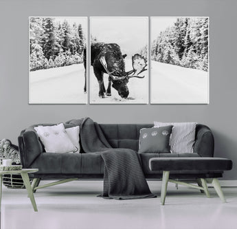 38956835-MGV-FC-60X30-3P_White-Moose Wall Art – Black and White Wildlife Canvas Print with Snowy Forest Road, Rustic Nature Photography for Cabin, Lodge, Living
