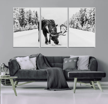 38956835-MGV-FC-60X30-3P_White-Moose Wall Art – Black and White Wildlife Canvas Print with Snowy Forest Road, Rustic Nature Photography for Cabin, Lodge, Living
