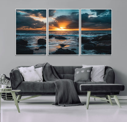 66040852-MGV-FC-60X30-3P_White-Ocean Sunset Canvas Wall Art – Rocky Shore Waves, Dramatic Clouds, Golden Sun Rays, Coastal Nature, Serene Water Reflection for