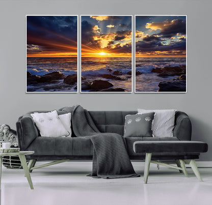 35900590-MGV-FC-60X30-3P_White-Sunset Ocean Waves Canvas Wall Art – Rocky Shore, Dramatic Sky, Golden Sun Rays, Coastal Beauty, Serene Water Motion for Living