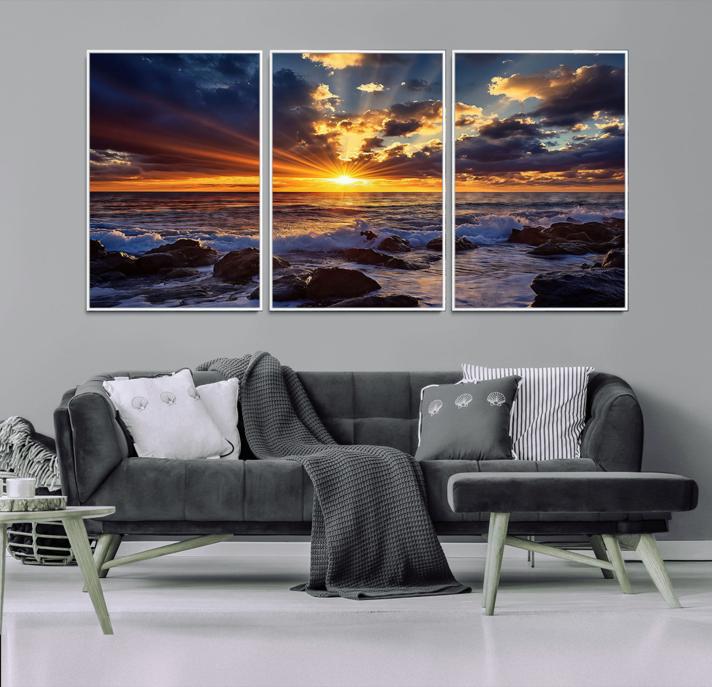 35900590-MGV-CV-36X24-Ocean Sunset Wall Art – Vivid Seascape Canvas Print with Sunburst Sky, Crashing Waves and Rocky Shore, Dramatic Coastal
