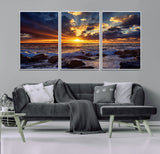 35900590-MGV-CV-36X24-Ocean Sunset Wall Art – Vivid Seascape Canvas Print with Sunburst Sky, Crashing Waves and Rocky Shore, Dramatic Coastal