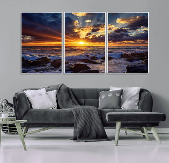 35900590-MGV-CV-36X24-Ocean Sunset Wall Art – Vivid Seascape Canvas Print with Sunburst Sky, Crashing Waves and Rocky Shore, Dramatic Coastal