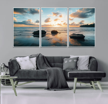 23879436-MGV-FC-60X30-3P_White-Rocky Ocean Sunset Canvas Wall Art – Seaside Dramatic Seascape, Ocean Sunset Art Print for Coastal Modern Decor for Nature