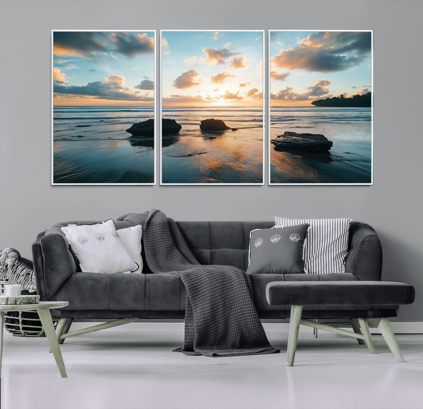 23879436-MGV-CV-36X24-Ocean Sunset Wall Art – Serene Seascape Canvas Print with Golden Sky, Reflections on Sand and Calm Waves, Peaceful Coastal