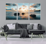 23879436-MGV-CV-36X24-Ocean Sunset Wall Art – Serene Seascape Canvas Print with Golden Sky, Reflections on Sand and Calm Waves, Peaceful Coastal