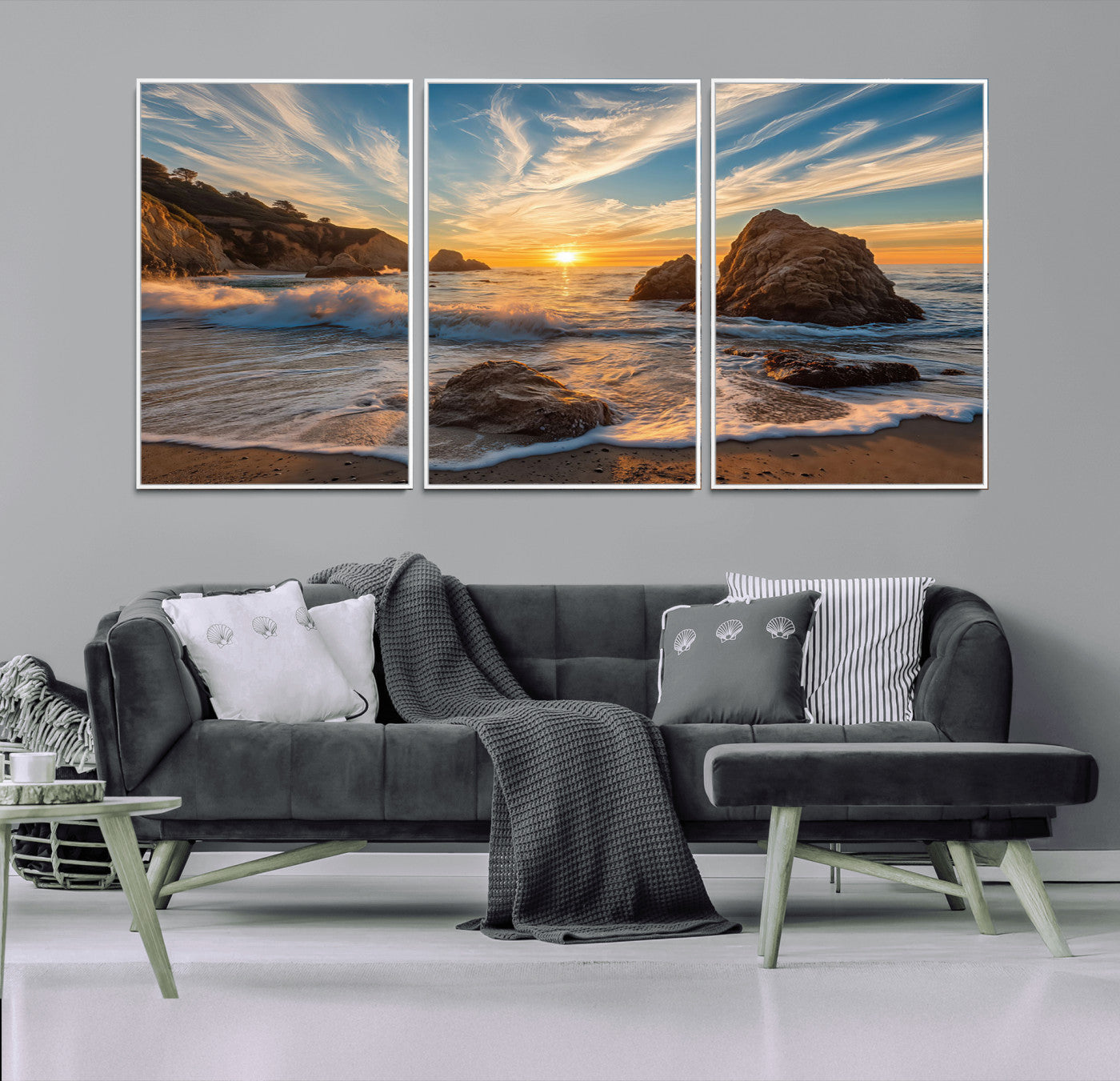 85659923-MGV-FC-60X30-3P_White-Rocky Ocean Sunset Canvas Wall Art – Seaside Dramatic Seascape Print, Coastal Modern Decor, Ocean Sunset Art for Living Room or