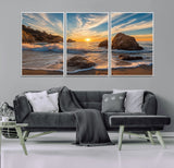 85659923-MGV-FC-60X30-3P_White-Rocky Ocean Sunset Canvas Wall Art – Seaside Dramatic Seascape Print, Coastal Modern Decor, Ocean Sunset Art for Living Room or