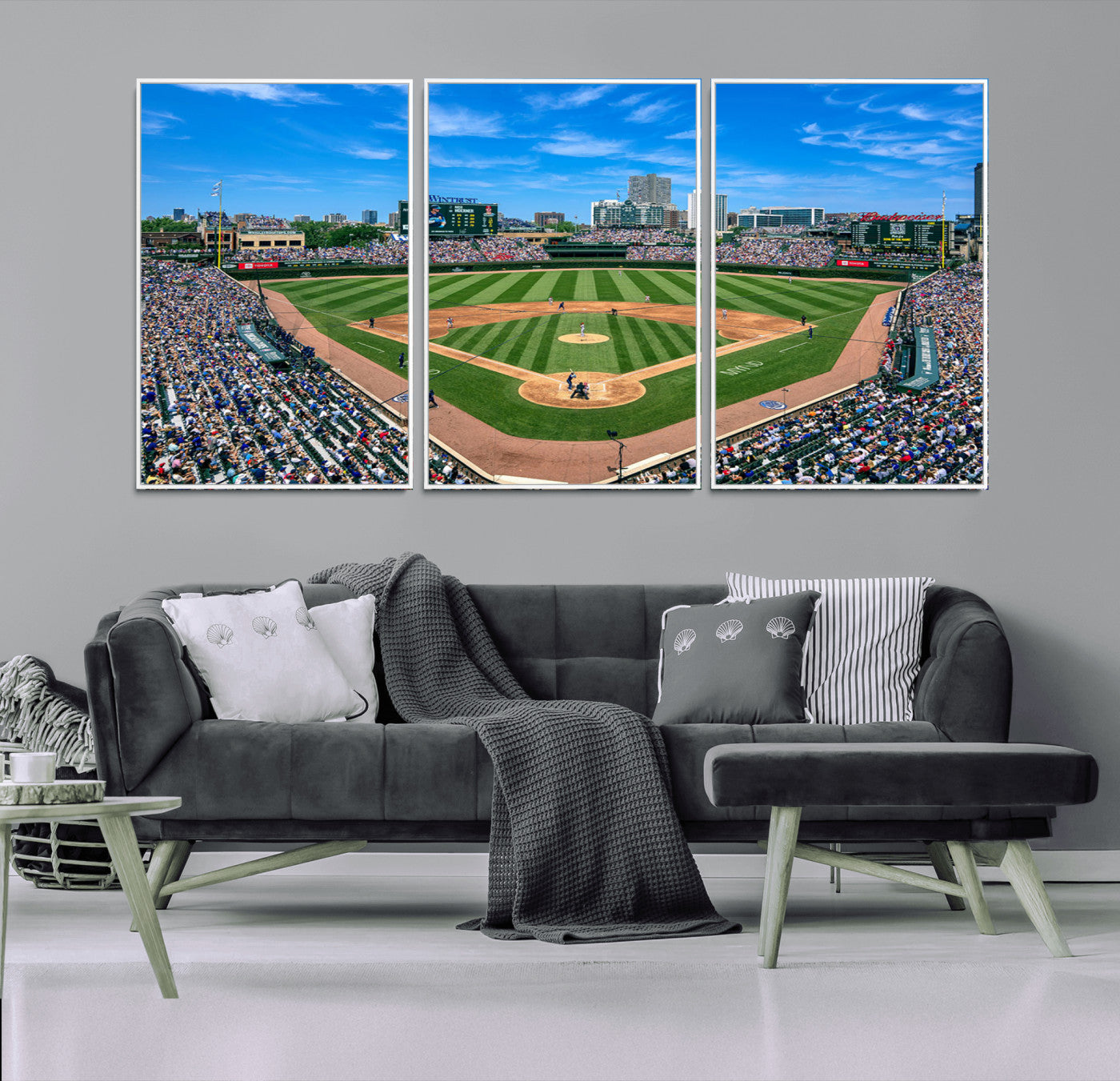 56213978-MGV-FC-60X30-3P_White-Wrigley Field Baseball Stadium Canvas Wall Art – Packed Crowd Sports Stadium Print, City Skyline Baseball Field Canvas for Game