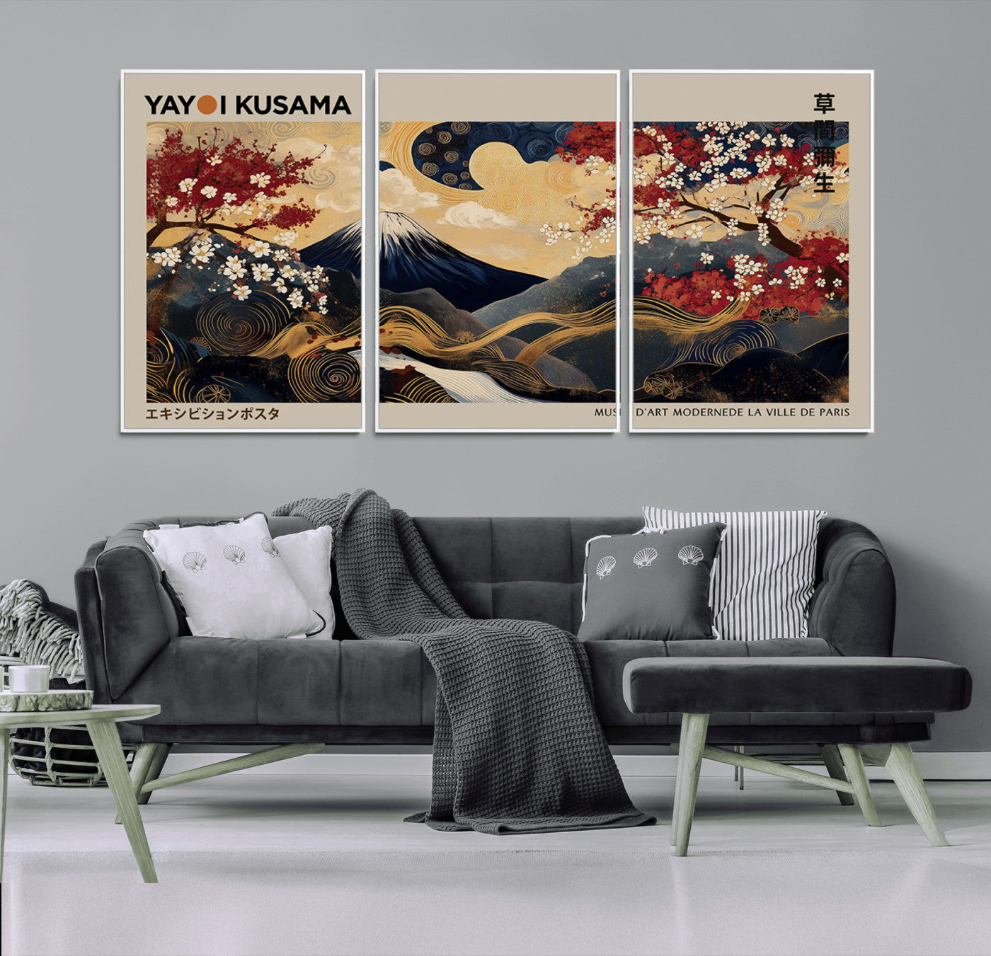 66892669-MGV-FC-60X30-3P_White-Yayoi Kusama Japanese Inspired Canvas Print – Mt. Fuji & Floral Scene Wall Art, Framed Asian Style Canvas for Home, Office or