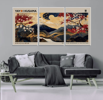 66892669-MGV-FC-60X30-3P_White-Yayoi Kusama Japanese Inspired Canvas Print – Mt. Fuji & Floral Scene Wall Art, Framed Asian Style Canvas for Home, Office or