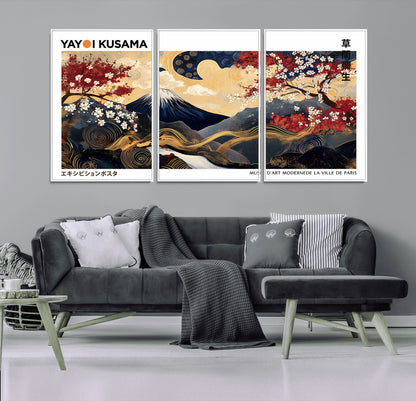 28945903-MGV-FC-60X30-3P_White-Yayoi Kusama Inspired Japanese Art Canvas Print – Framed Floral & Mt. Fuji Wall Decor, Modern Asian Style Canvas for Home, Office,