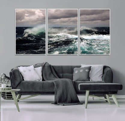 38622353-MGV-FC-60X30-3P_White-Ocean Wave Wall Art – Dramatic Seascape Canvas Print with Stormy Sky and Crashing Sea, Bold Coastal Photography for Living Room,