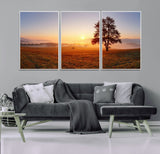 57919623-MGV-CV-36X24-Sunrise Landscape Wall Art – Golden Morning Canvas Print with Tree, Misty Hills and Open Field, Peaceful Nature Photography for