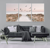 34632598-MGV-FC-60X30-3P_White-Coastal Pathway Canvas Wall Art – Framed Seaside Landscape, Large Beach and Birds Canvas Print for Home, Office, or Living Room