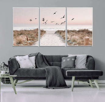 34632598-MGV-FC-60X30-3P_White-Coastal Pathway Canvas Wall Art – Framed Seaside Landscape, Large Beach and Birds Canvas Print for Home, Office, or Living Room