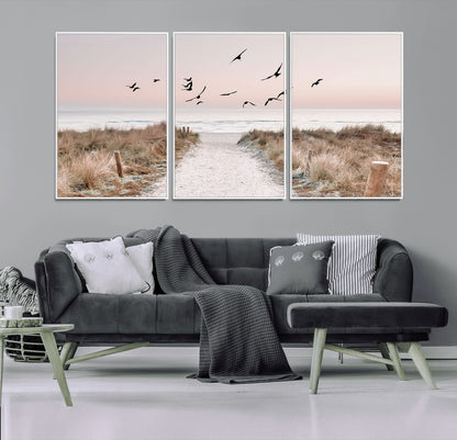 34632598-MGV-CV-36X24-Beach Pathway Wall Art – Coastal Canvas Print with Sandy Trail, Flying Birds and Pastel Sky, Serene Ocean Landscape Photography